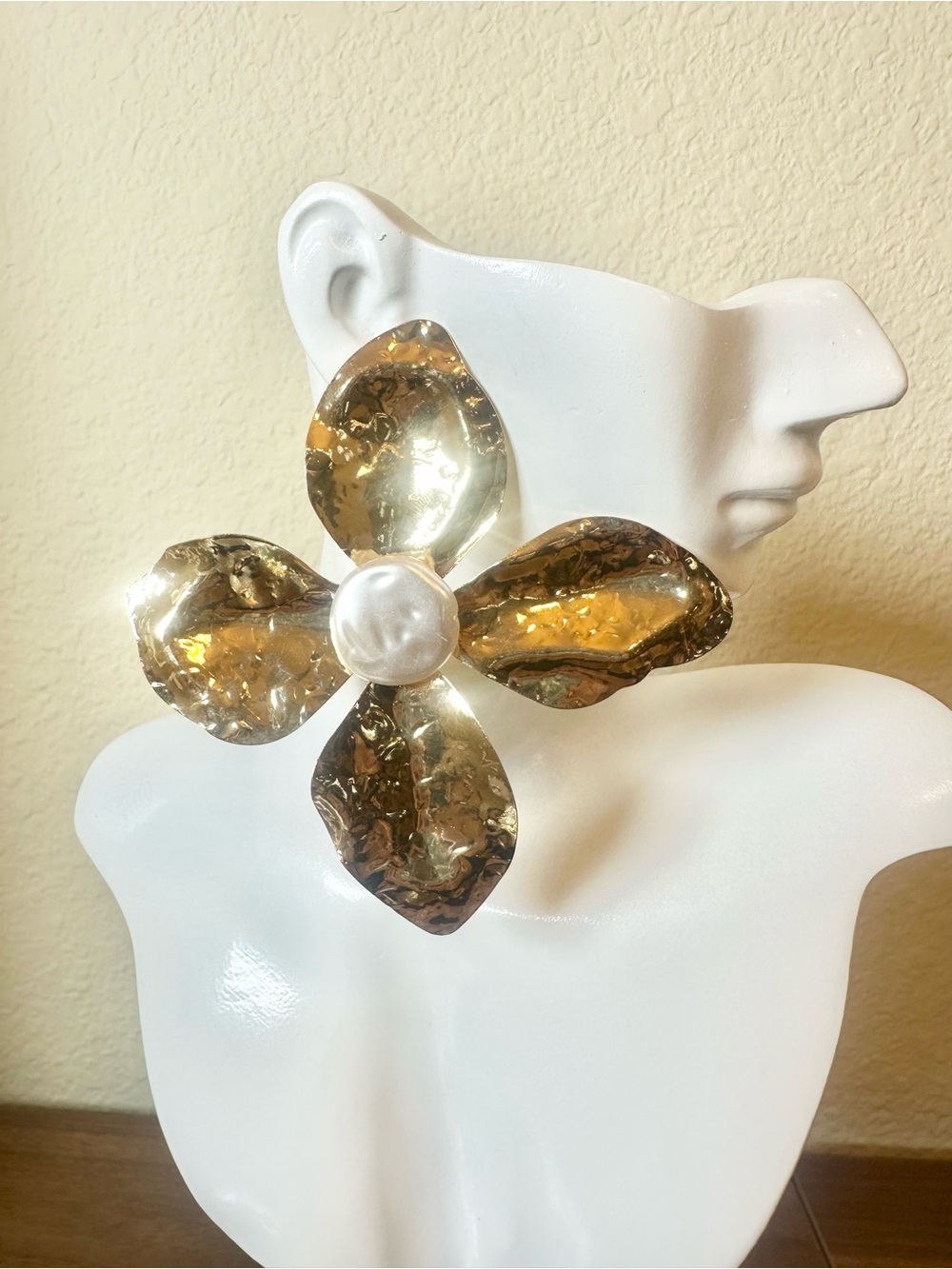 Oversized Gold Flower Statement Earrings with Pearl Center - Lightweight